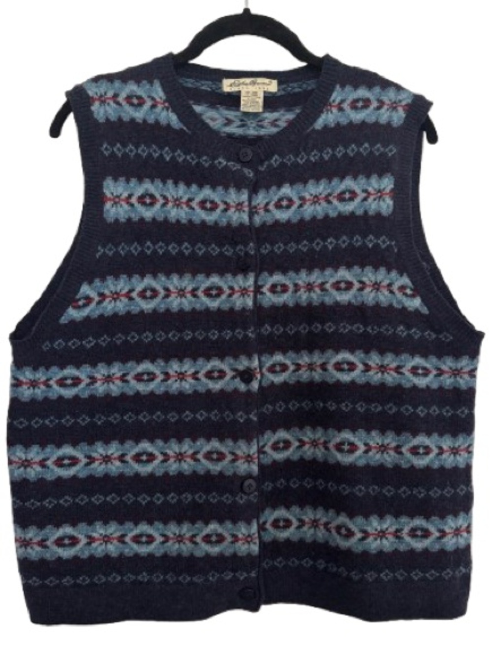 Vintage Eddie Bauer Fair Isle Button-Front Sweater Vest Blue Lambswool